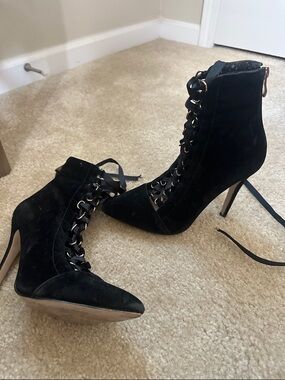 Black Lace-Up Pointed Stiletto Ankle Boots